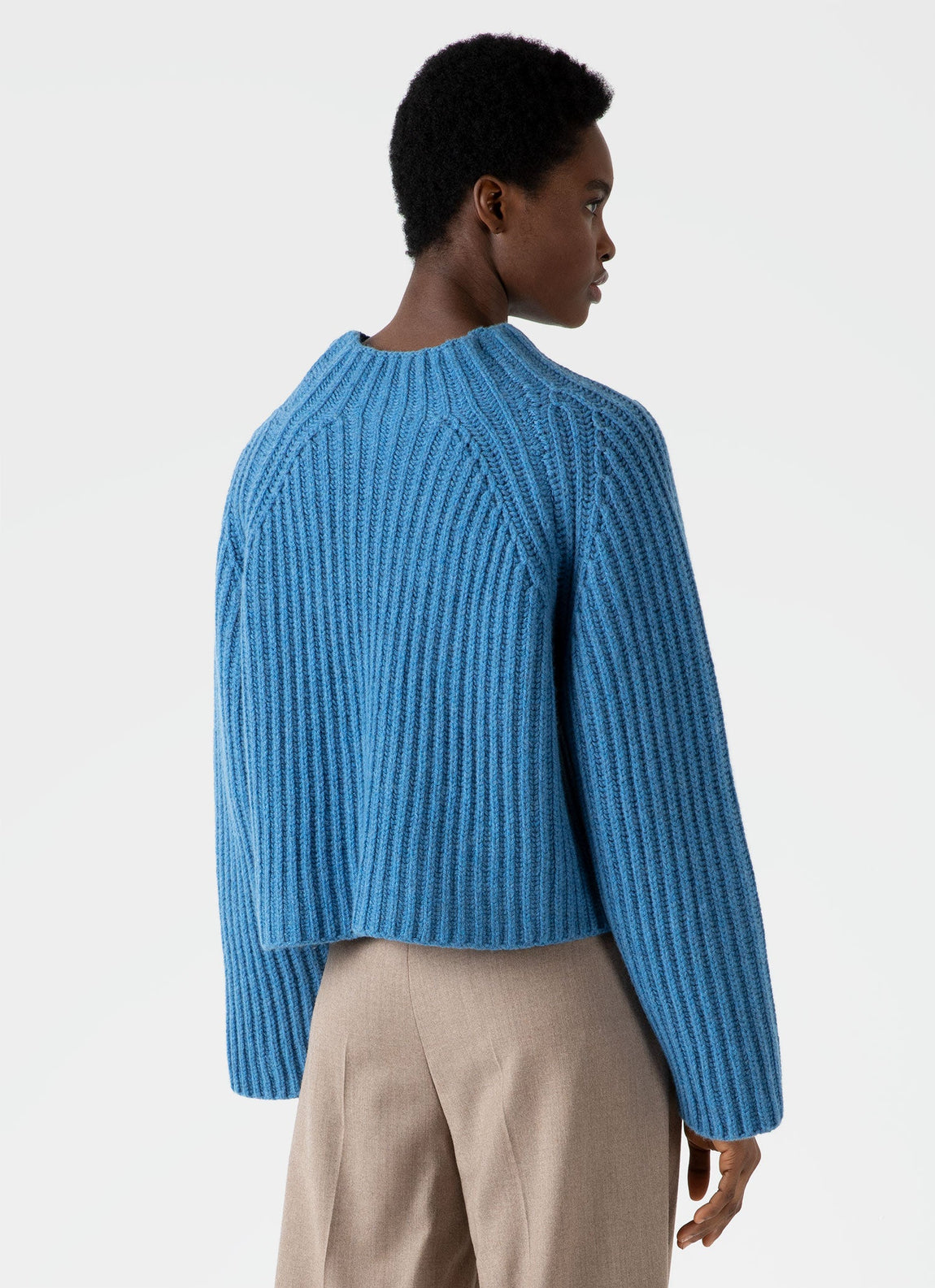 Women's Lambswool Chunky Funnel Neck Jumper in Blue Jean