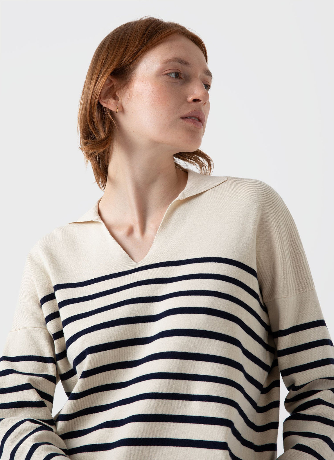 Women's Open Neck Jumper in Ecru/Navy Breton Stripe