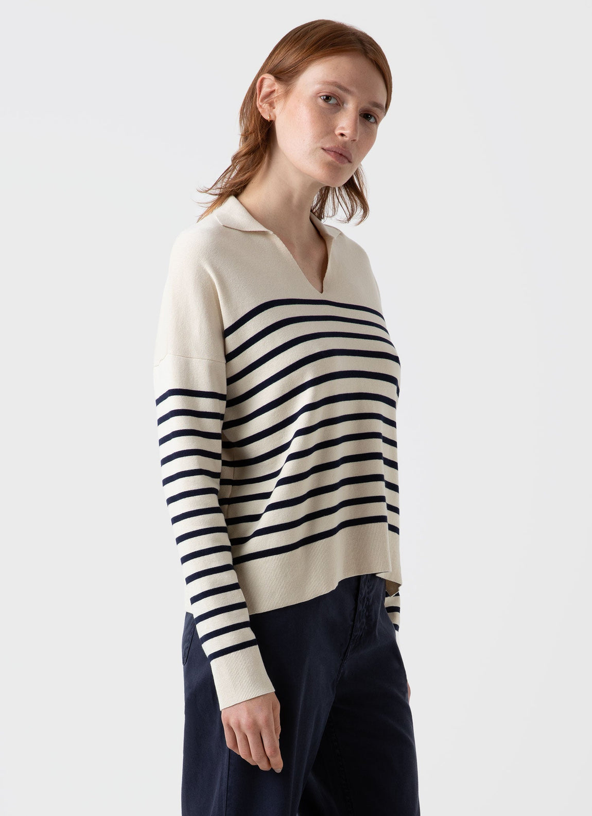 Women's Open Neck Jumper in Ecru/Navy Breton Stripe