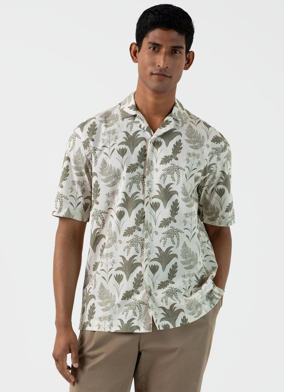 Men's Leaf Print Camp Collar Shirt in Ecru