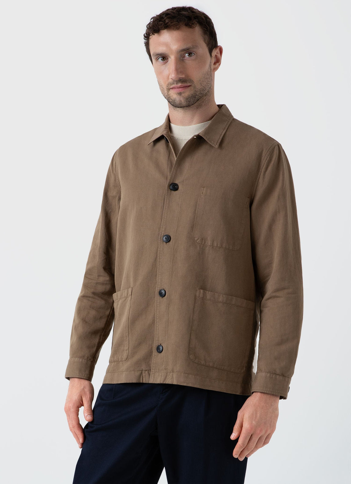 Men's Cotton Linen Twin Pocket Jacket in Dark Tan