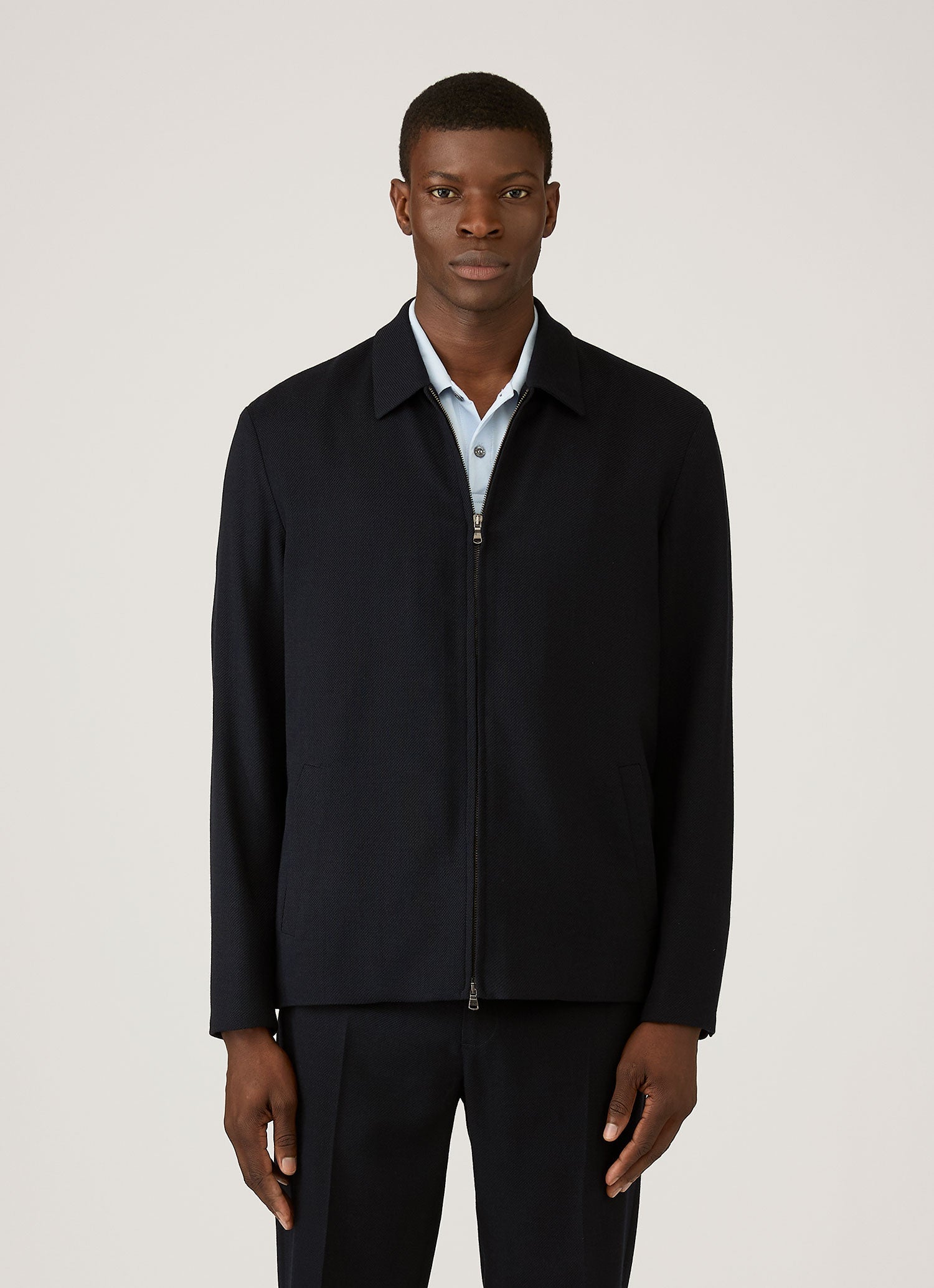 Men's Light Textured Wool Harrington Jacket in Navy