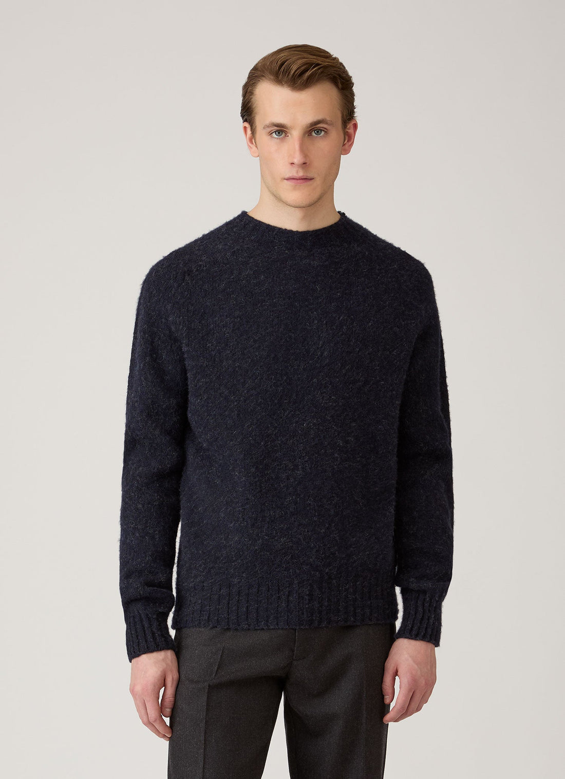 Men's Shetland Crew Neck Jumper in Dark Navy Mouline