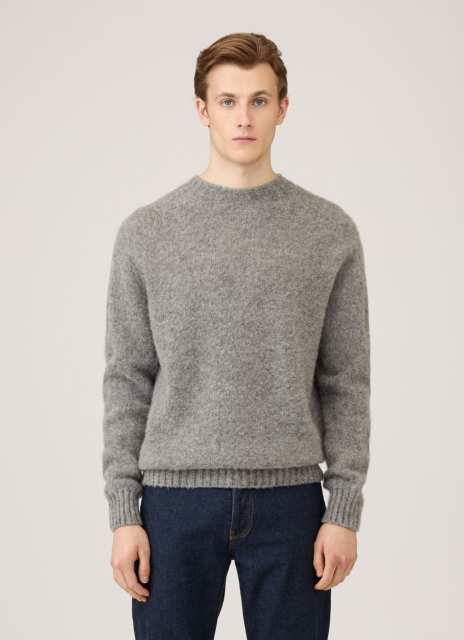 moon jelly 5mm起毛ネックエントリー メンズ シェットランド クルーネック ジャンパー（Mid Grey Melange