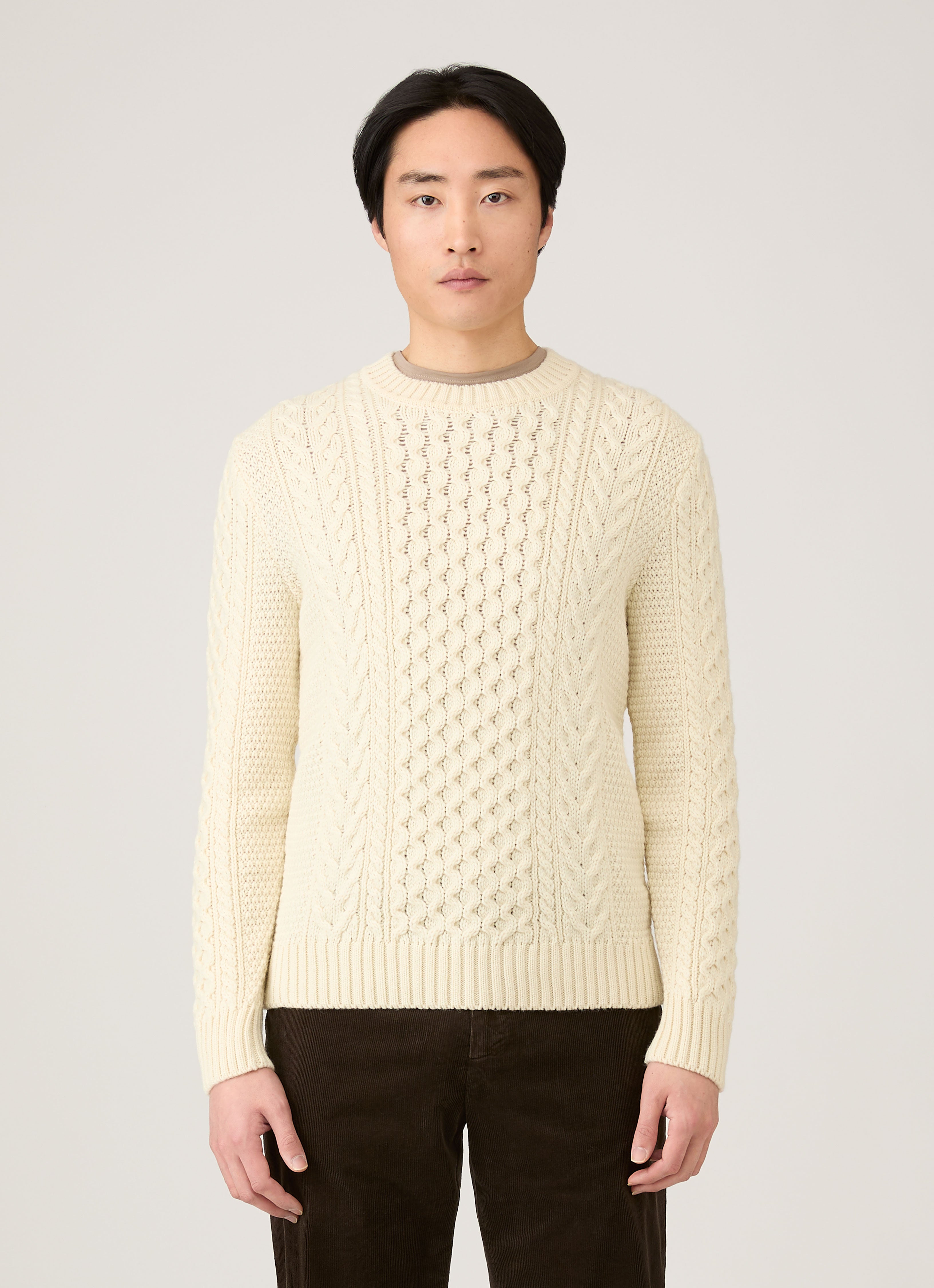 St Andrews ホワイト ケーブルニットセーター M ケーブルニット ジャンパー（Ecru）| Sunspel