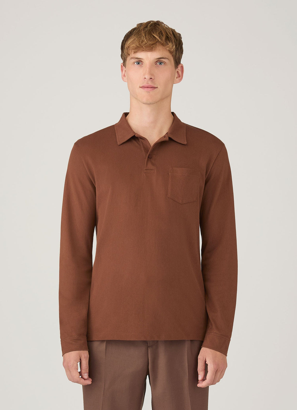 Men's Long Sleeve Riviera Polo Shirt in Conker Brown