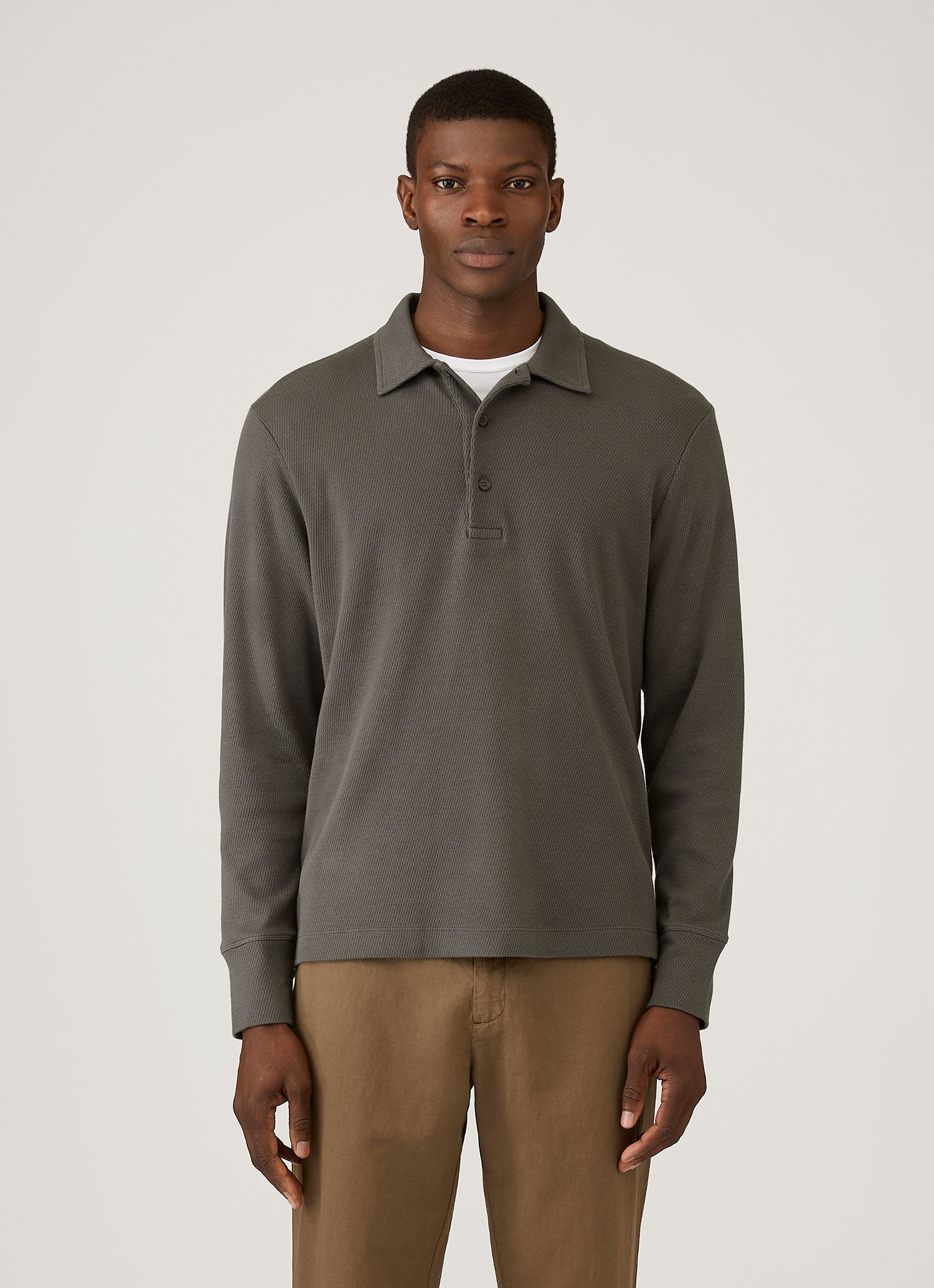  グレー 長袖ポロシャツ L ロングスリーブ セルロック ポロシャツ（Charcoal）| Sunspel