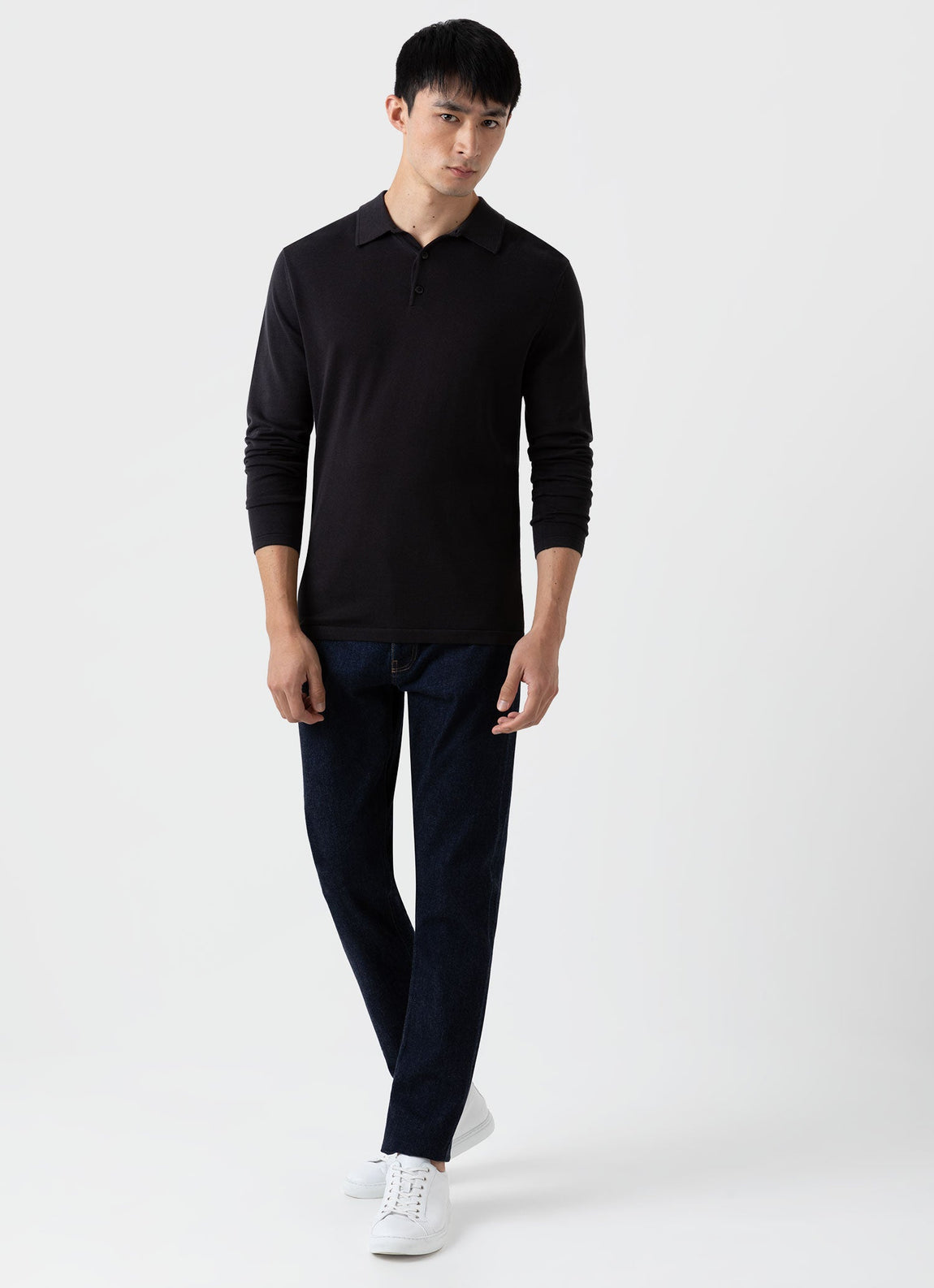 Men's Sea Island Cotton Long Sleeve Polo Shirt in Black