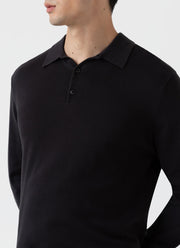 Men's Sea Island Cotton Long Sleeve Polo Shirt in Black