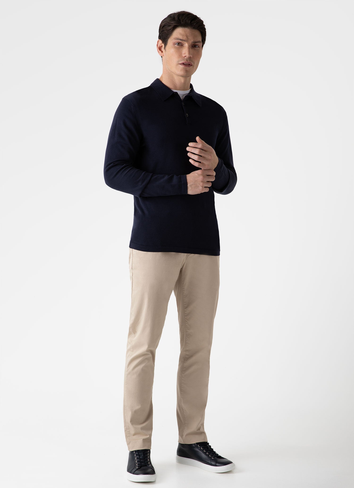 Men's Sea Island Cotton Long Sleeve Polo Shirt in Light Navy