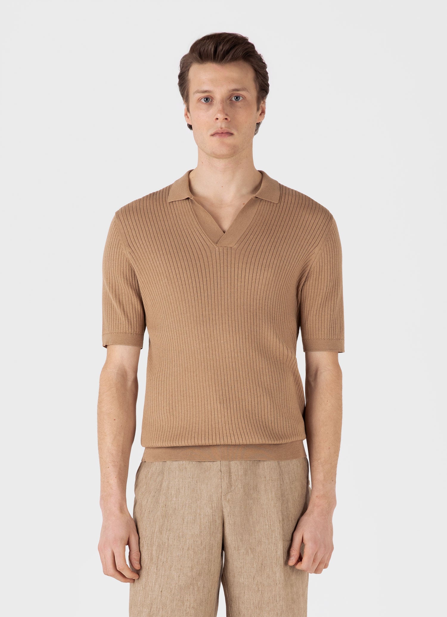 Men's Fine Rib Silk Cotton Polo Shirt in Dune