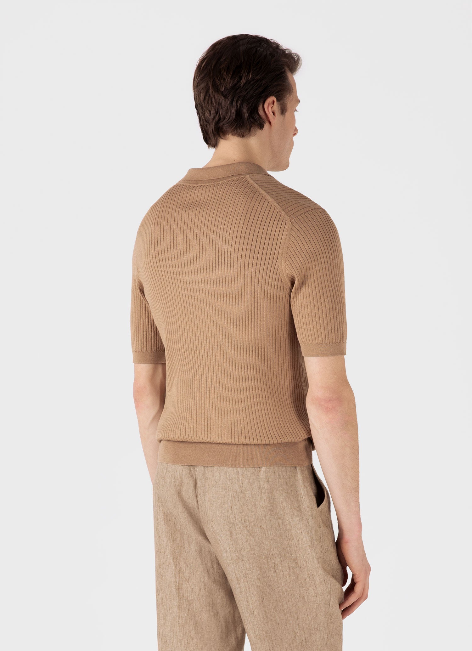 Men's Fine Rib Silk Cotton Polo Shirt in Dune