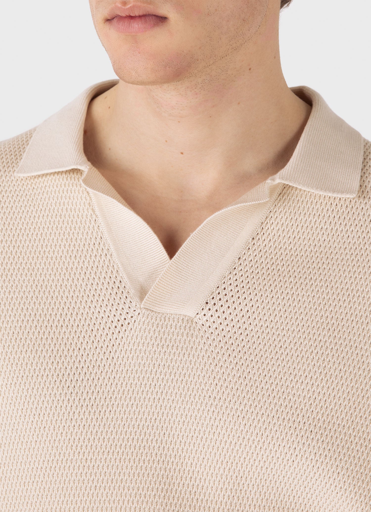 Men's Compact Mesh Knit Polo Shirt in Ecru
