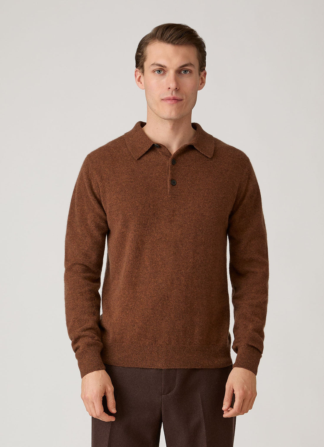 Men's Cashmere Knitted Polo Shirt in Chestnut Melange