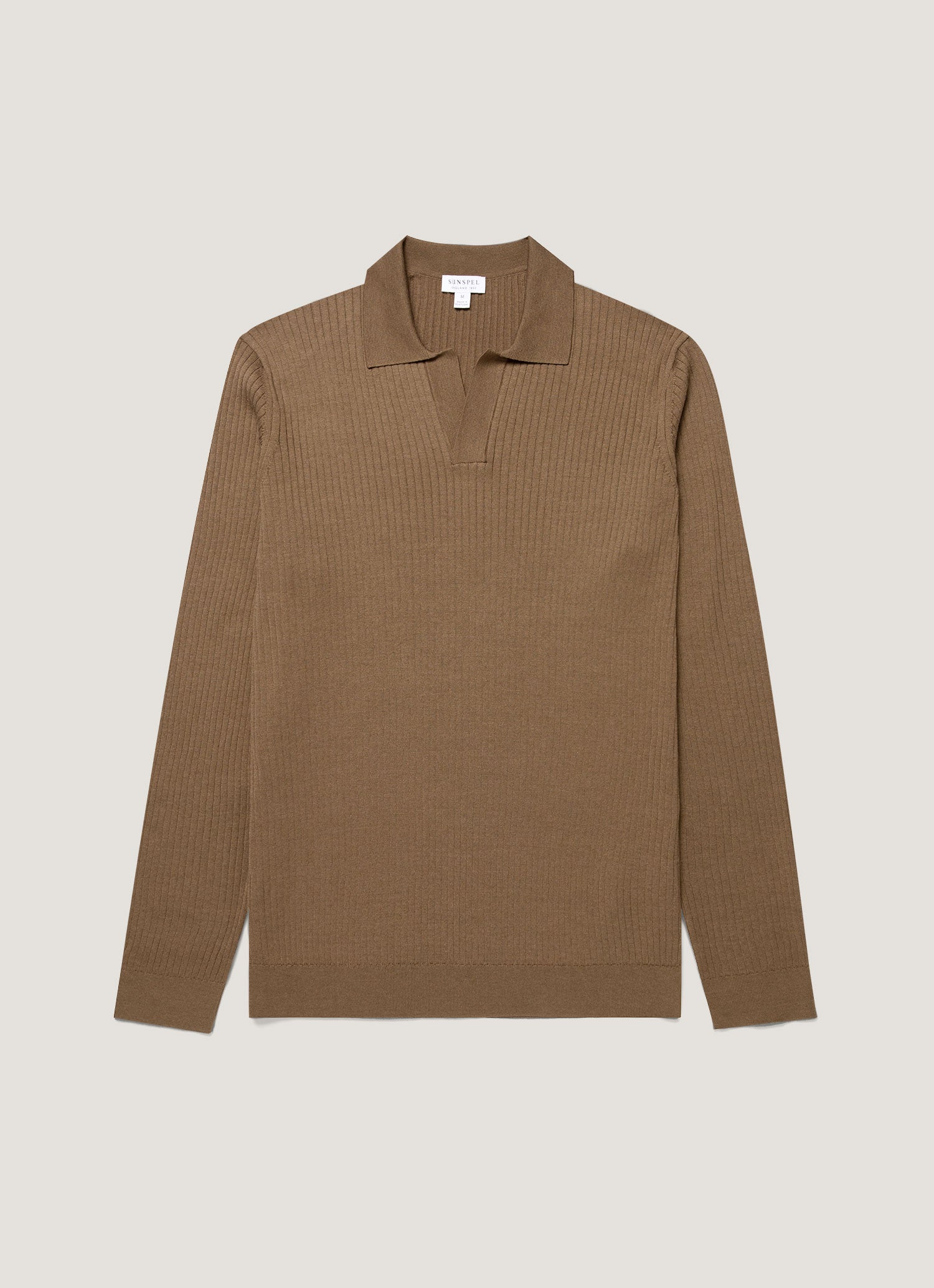 Men's Long Sleeve Fine Rib Silk Cotton Polo Shirt in Dark Cedar