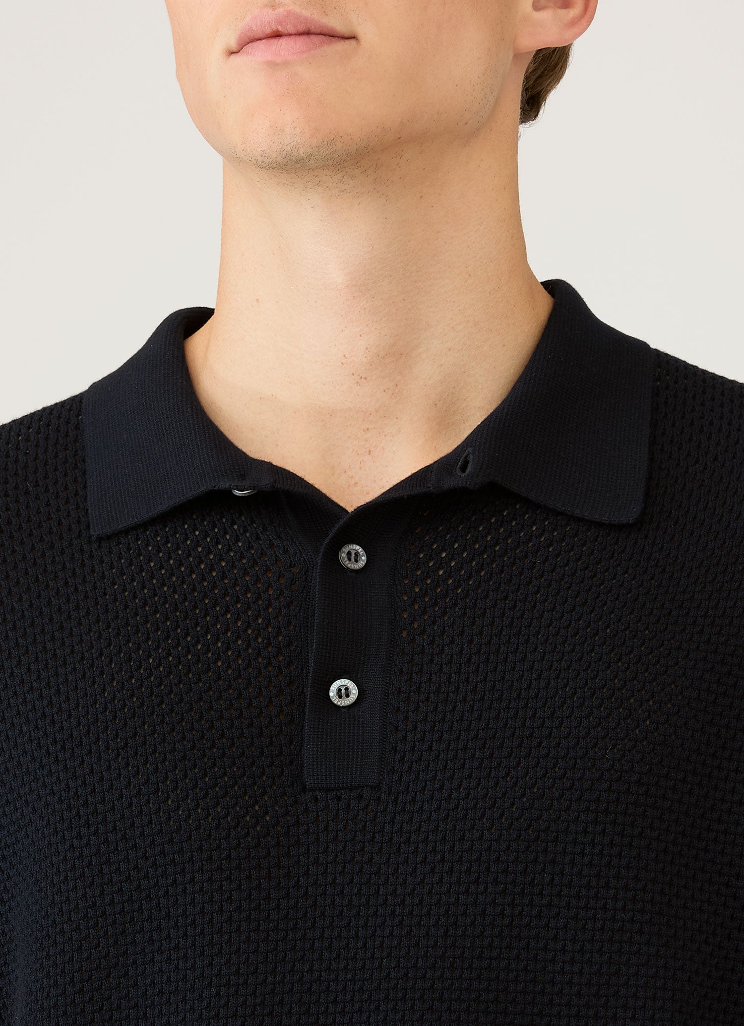 コットン メッシュ ポロ（Navy）| Sunspel