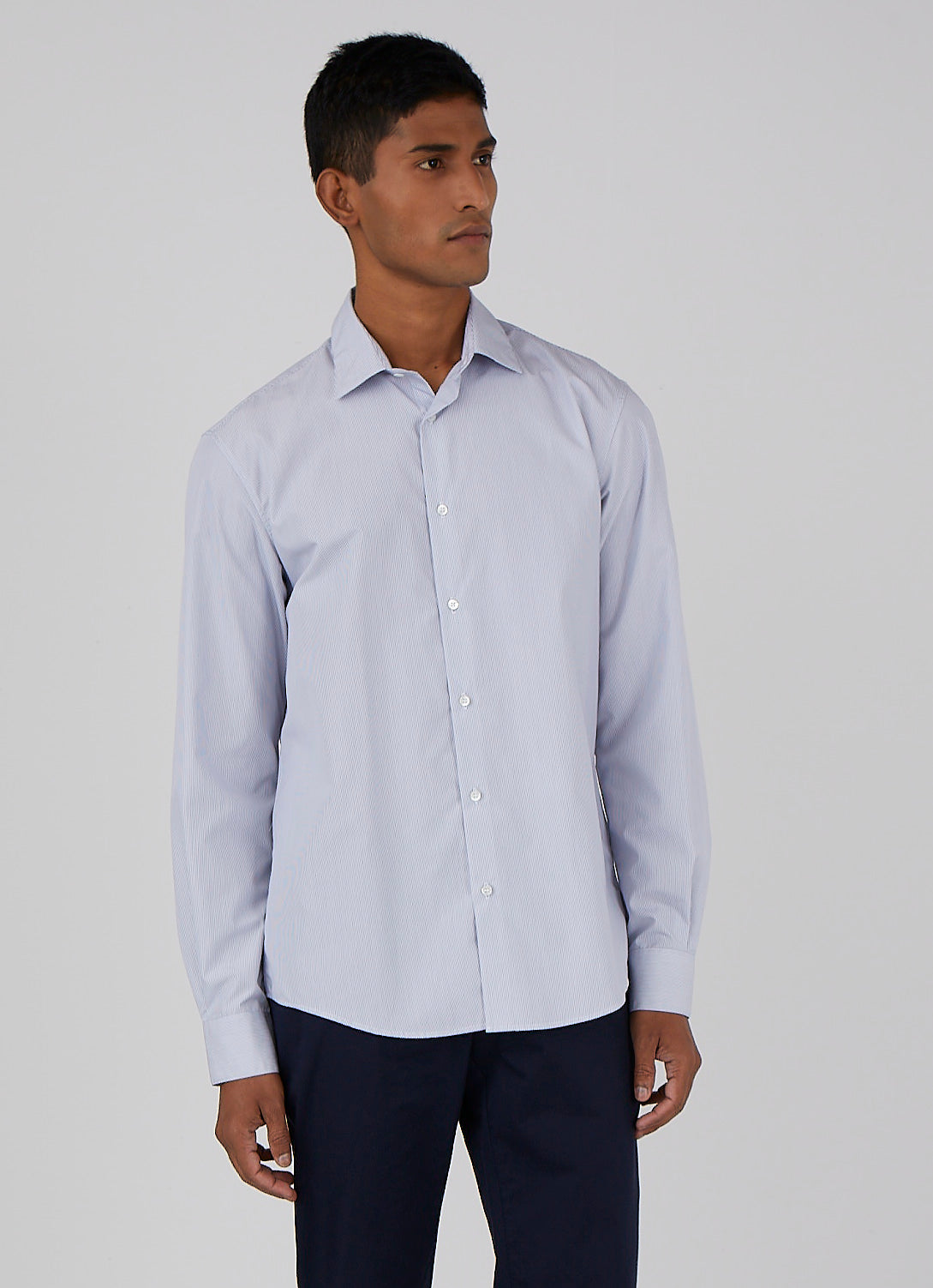 Men's Sea Island Cotton Shirt in Navy/White Fine Stripe