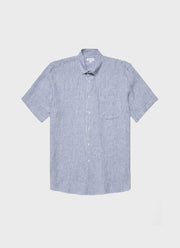 Men's Short Sleeve Linen Shirt in Navy/White Classic Stripe