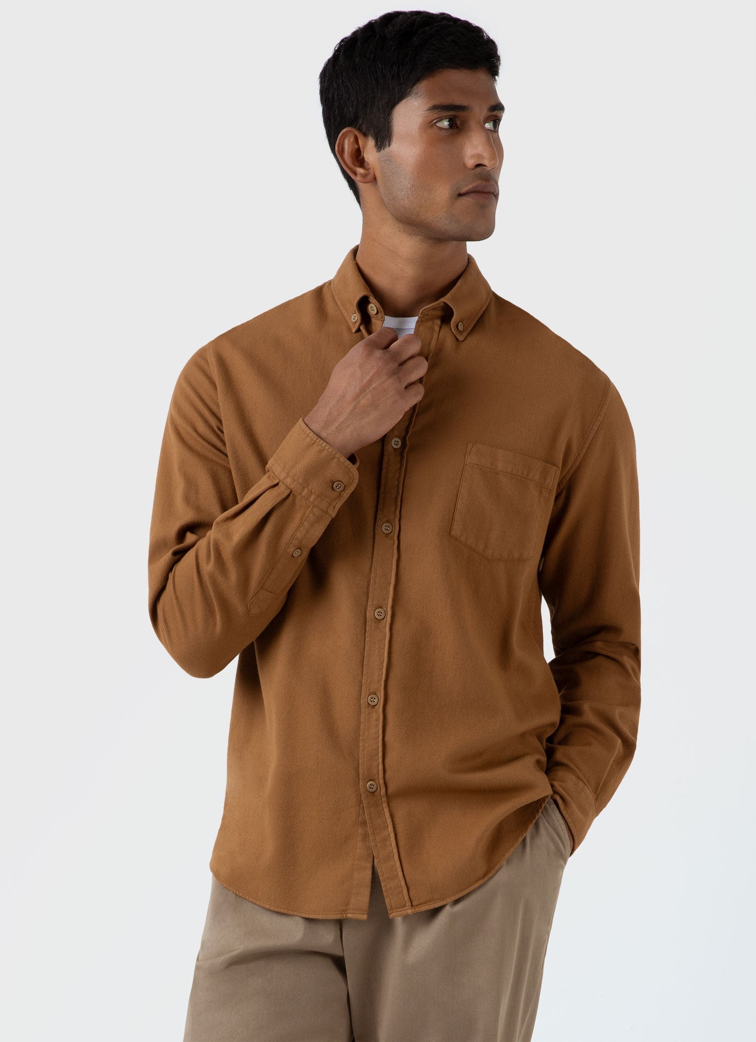 Men's Brushed Cotton Flannel Shirt in Dark Camel