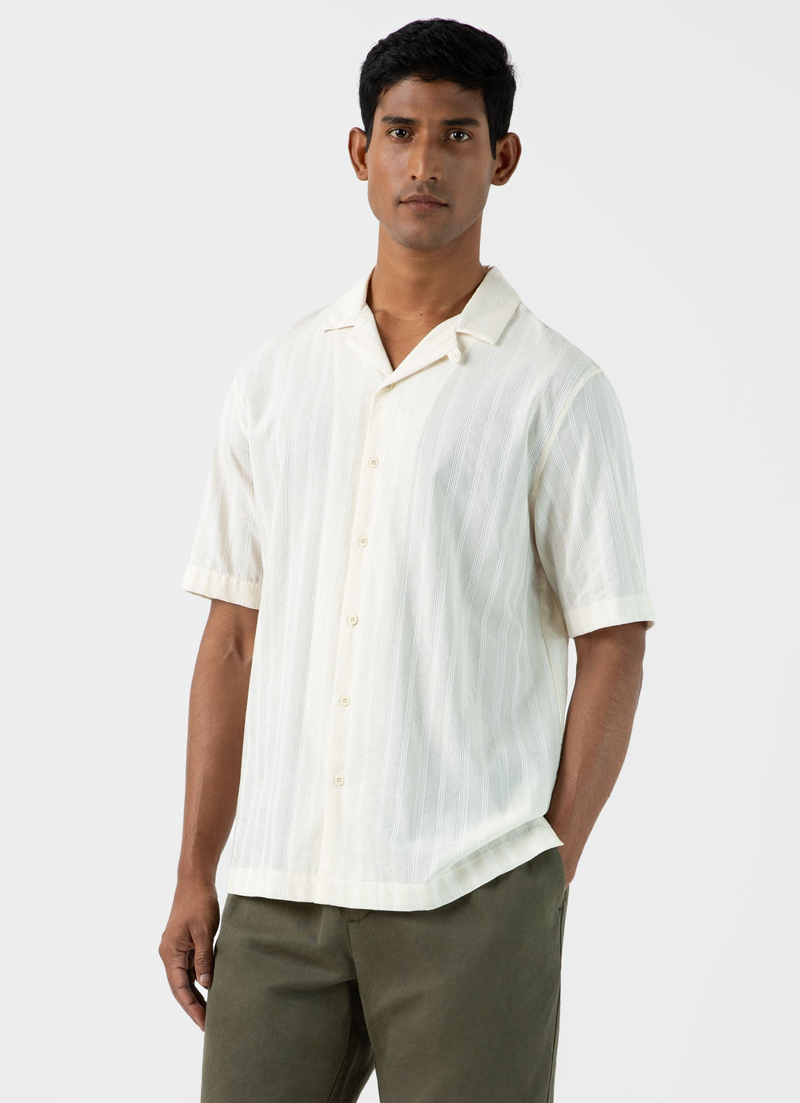 Men's Stripe Camp Collar Shirt in Ecru