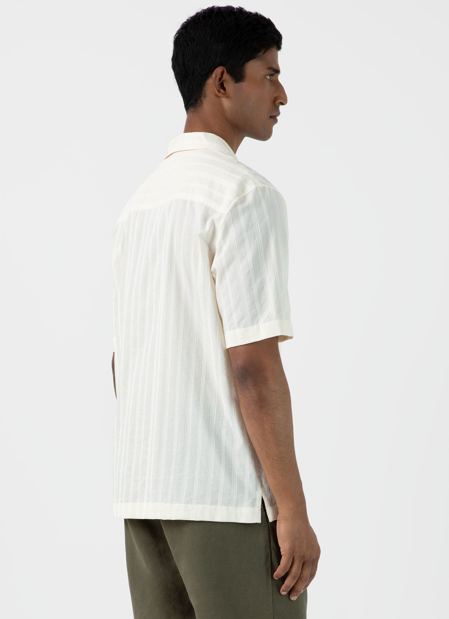 Men's Stripe Camp Collar Shirt in Ecru