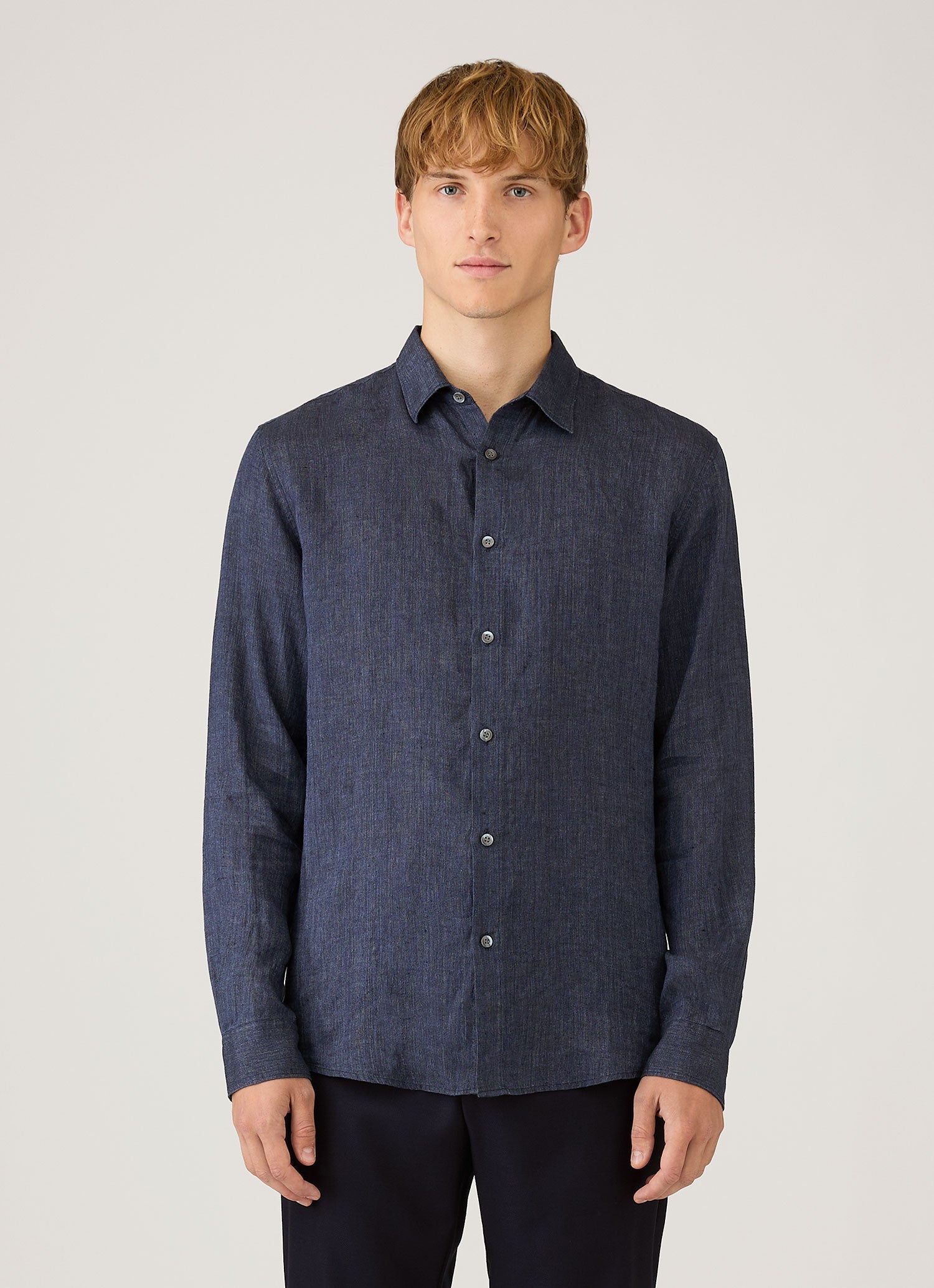 リネン シャツ（Navy Melange）| Sunspel