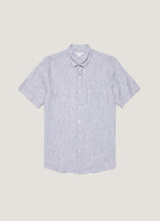 Men's Short Sleeve Linen Shirt in Navy/White Classic Stripe