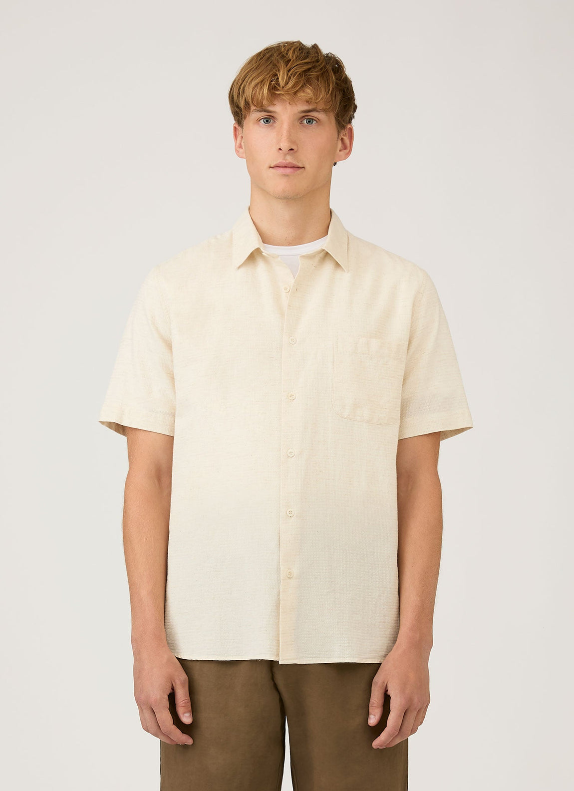 Men's Short Sleeve Cotton Linen Shirt in Ecru