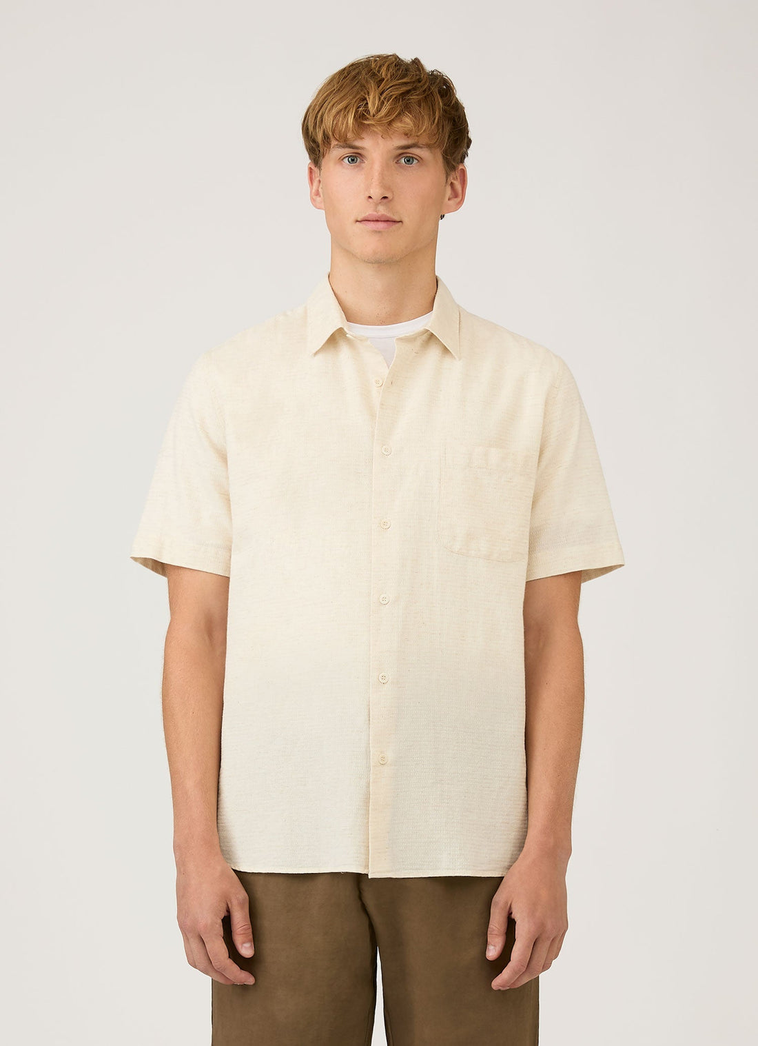 Men's Short Sleeve Cotton Linen Shirt in Ecru