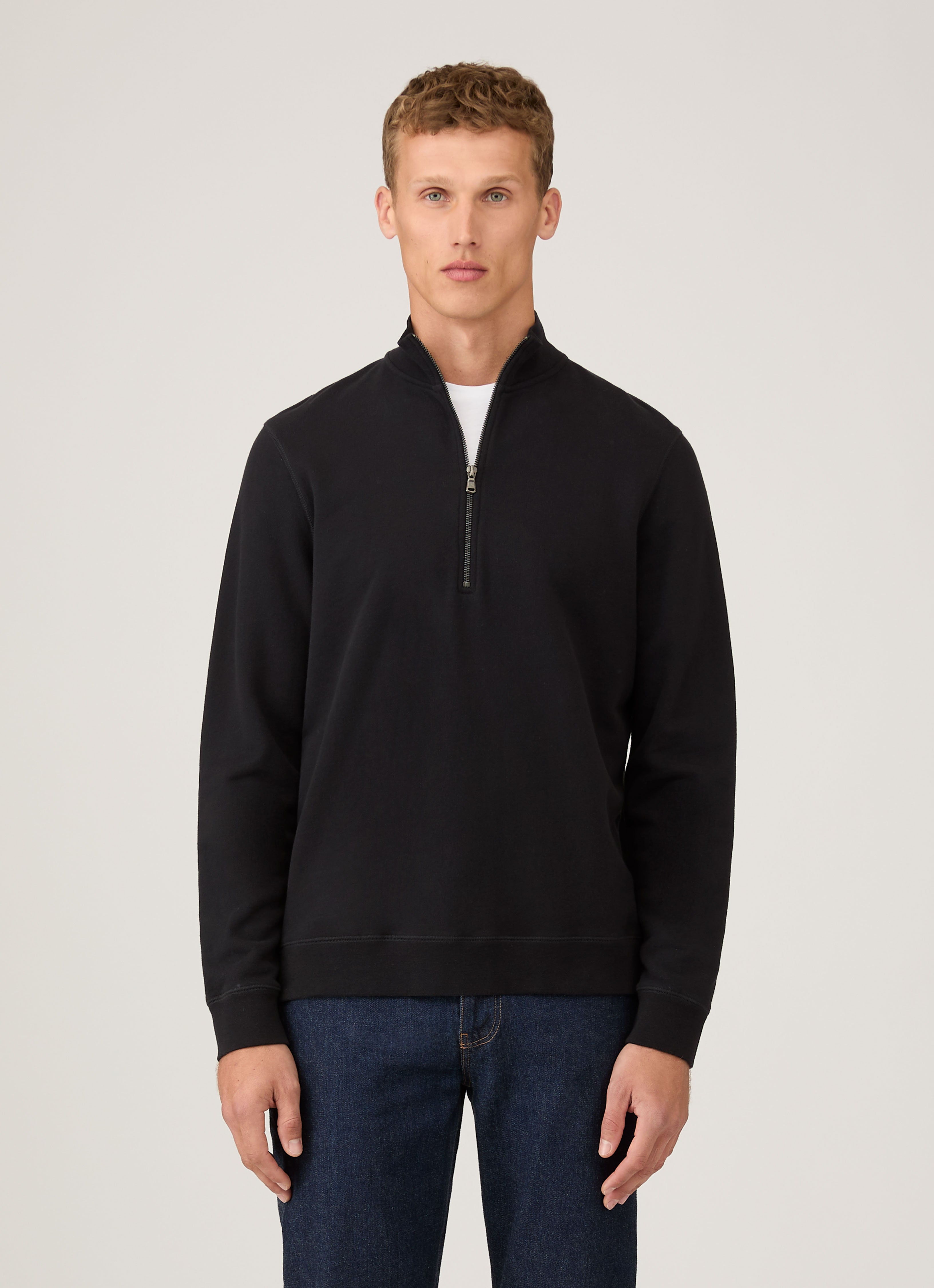 ハーフジップループバックスウェットシャツ （Black）| Sunspel