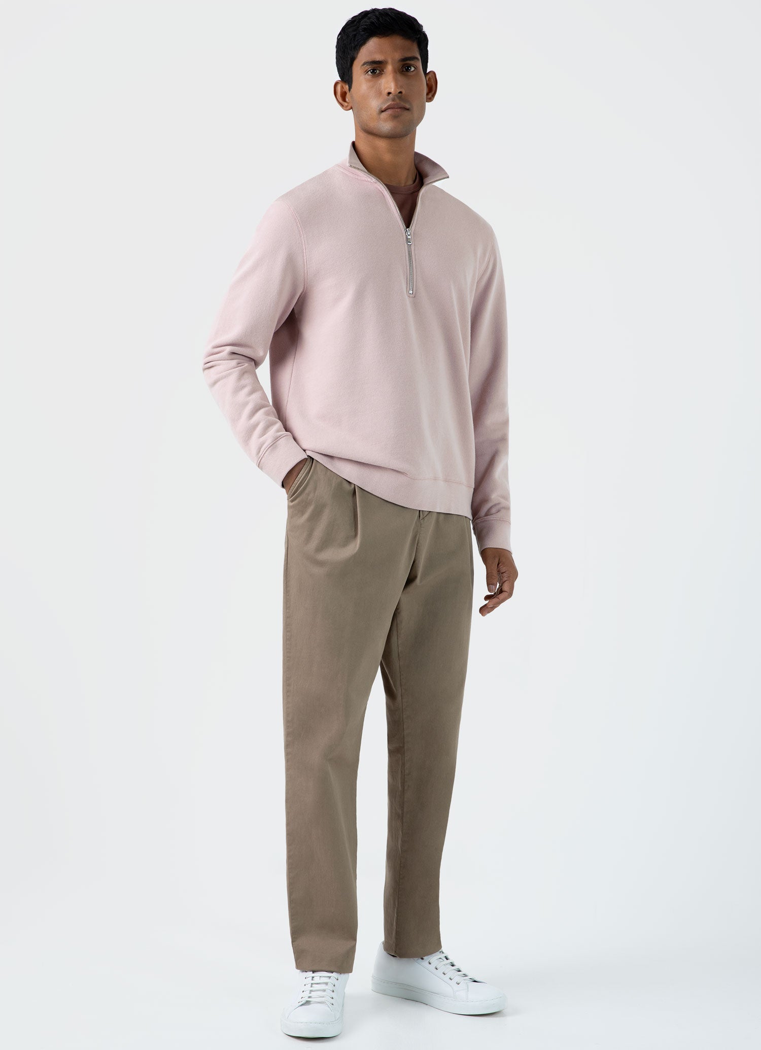 ハーフジップループバックスウェットシャツ（Pale Pink）| Sunspel