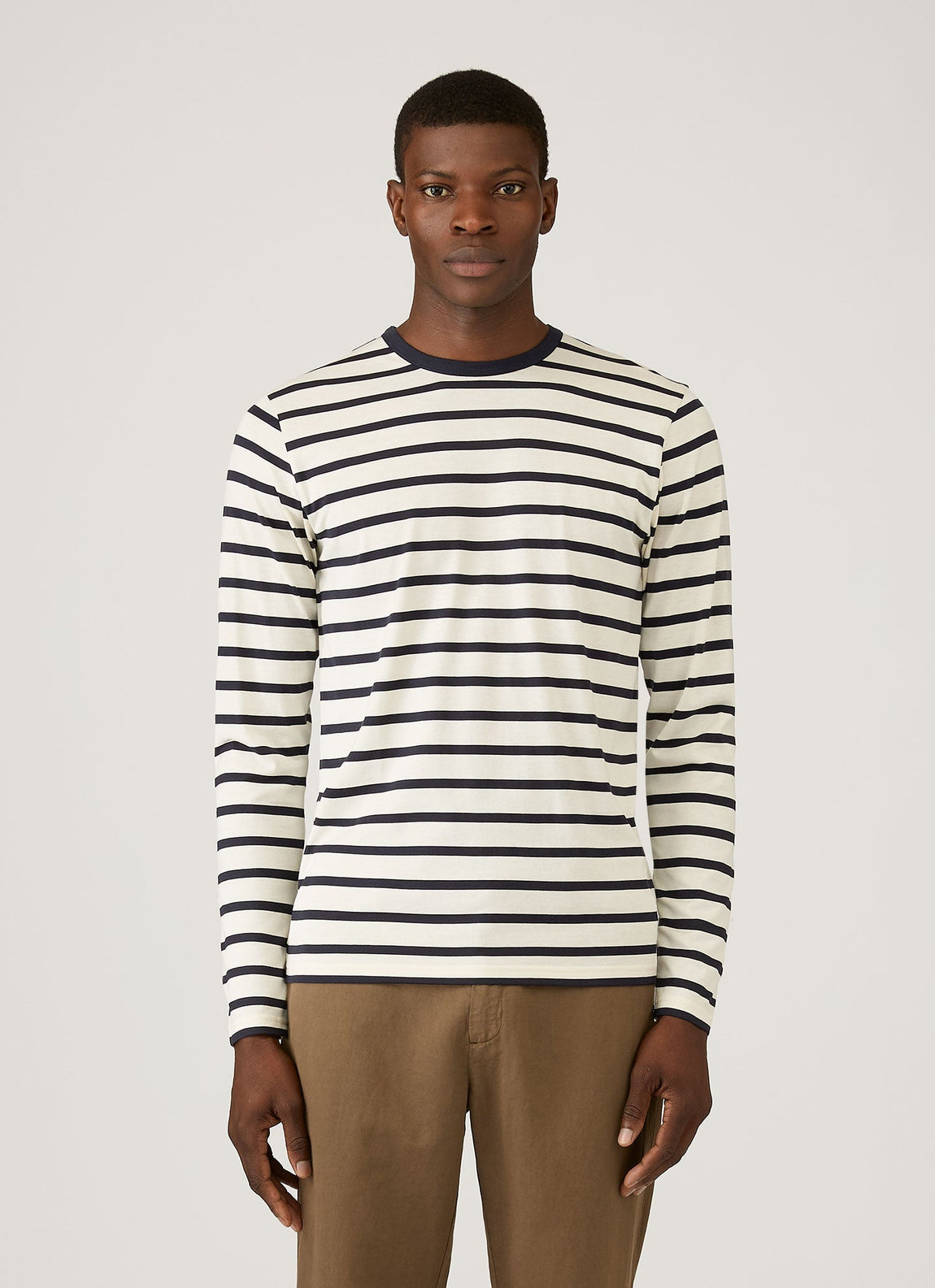 Men's Long Sleeve Classic T-shirt in Ecru/Navy Breton Stripe