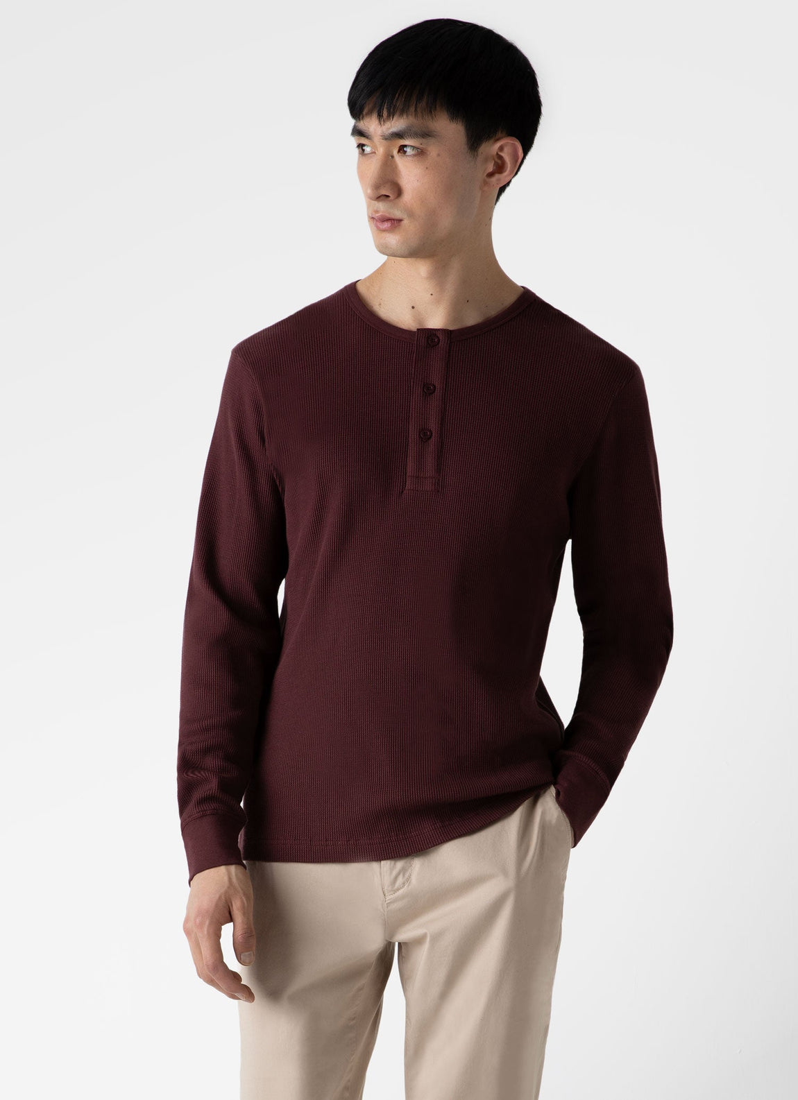 Men's Long Sleeve Waffle Henley in Maroon