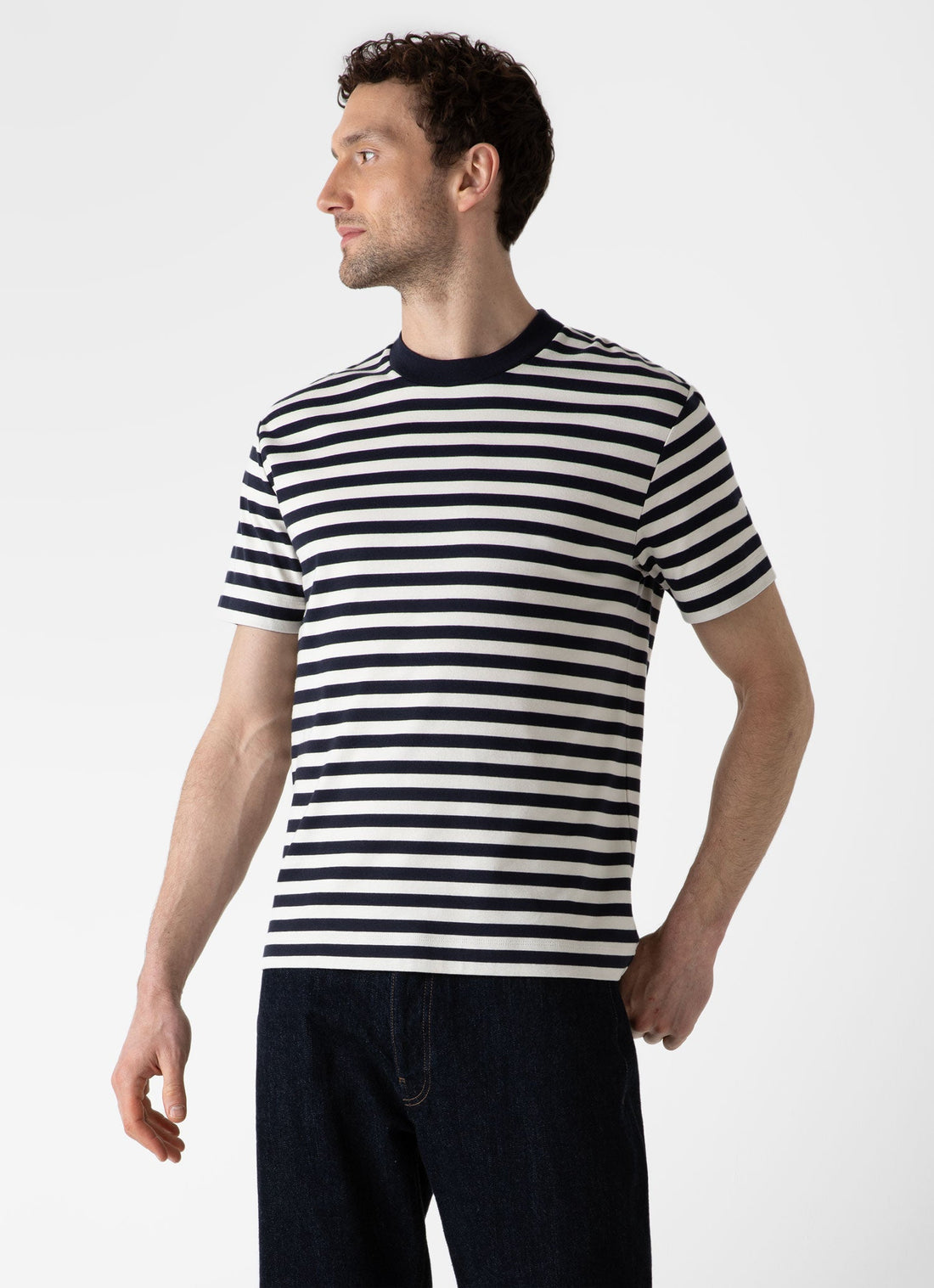 Men's Brushed Cotton T-shirt in Navy/Ecru Block Stripe