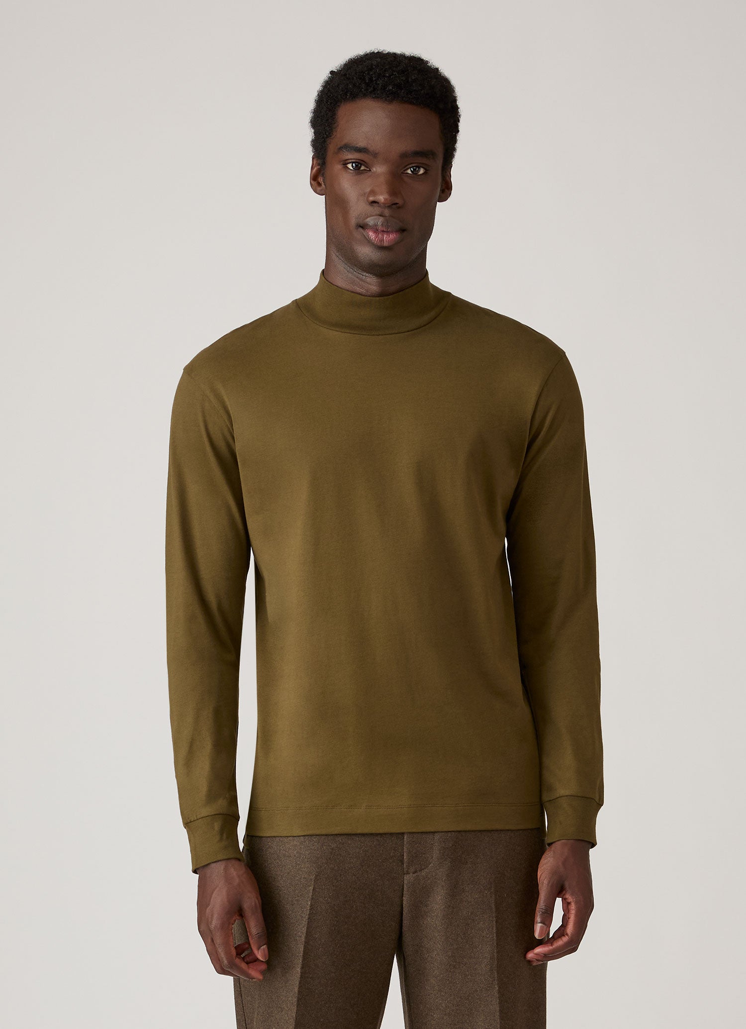 ブラッシュドコットン ロングスリーブ モックネックTシャツ（Loden