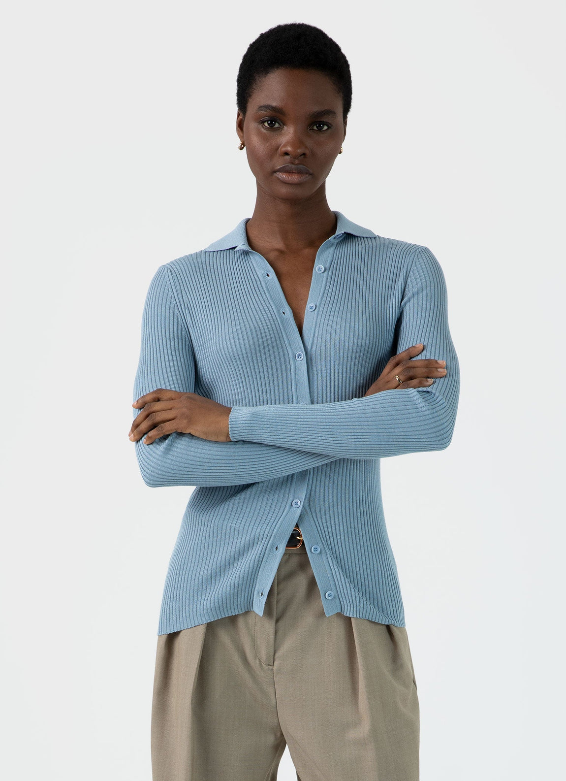 Women's Silk Rib Cardigan in Light Blue