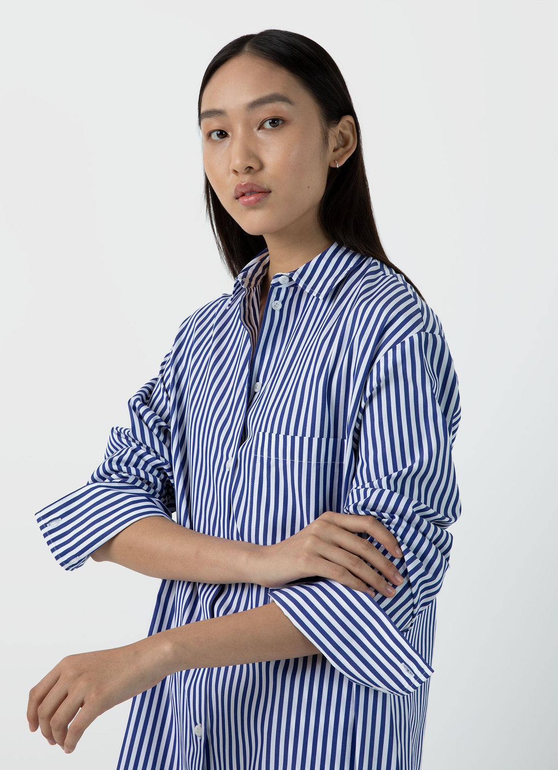 Women's Cotton Poplin Shirt Dress in Bright Blue/White