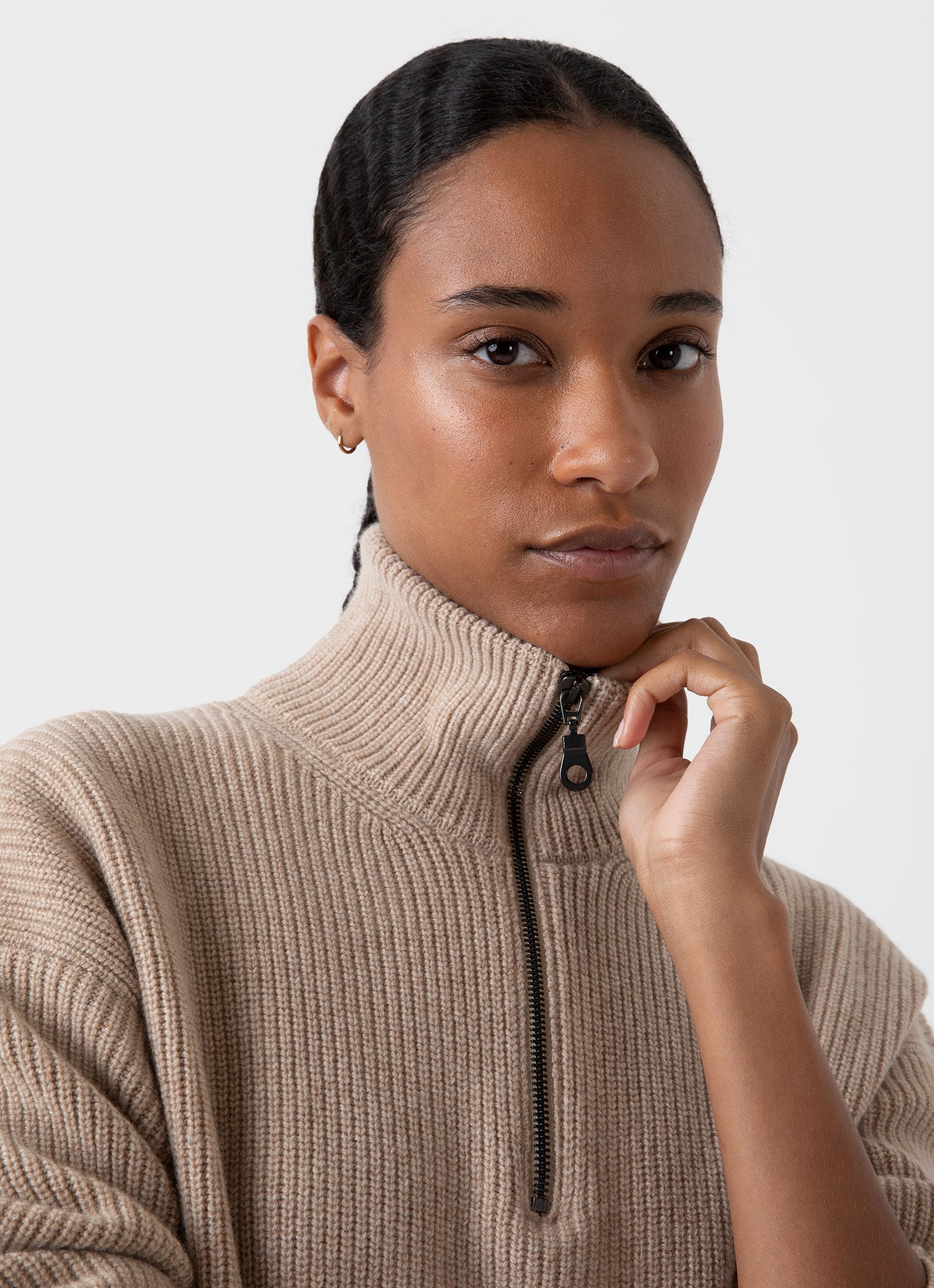 Women's Wool Cashmere Rib Zip Neck in Oatmeal Melange