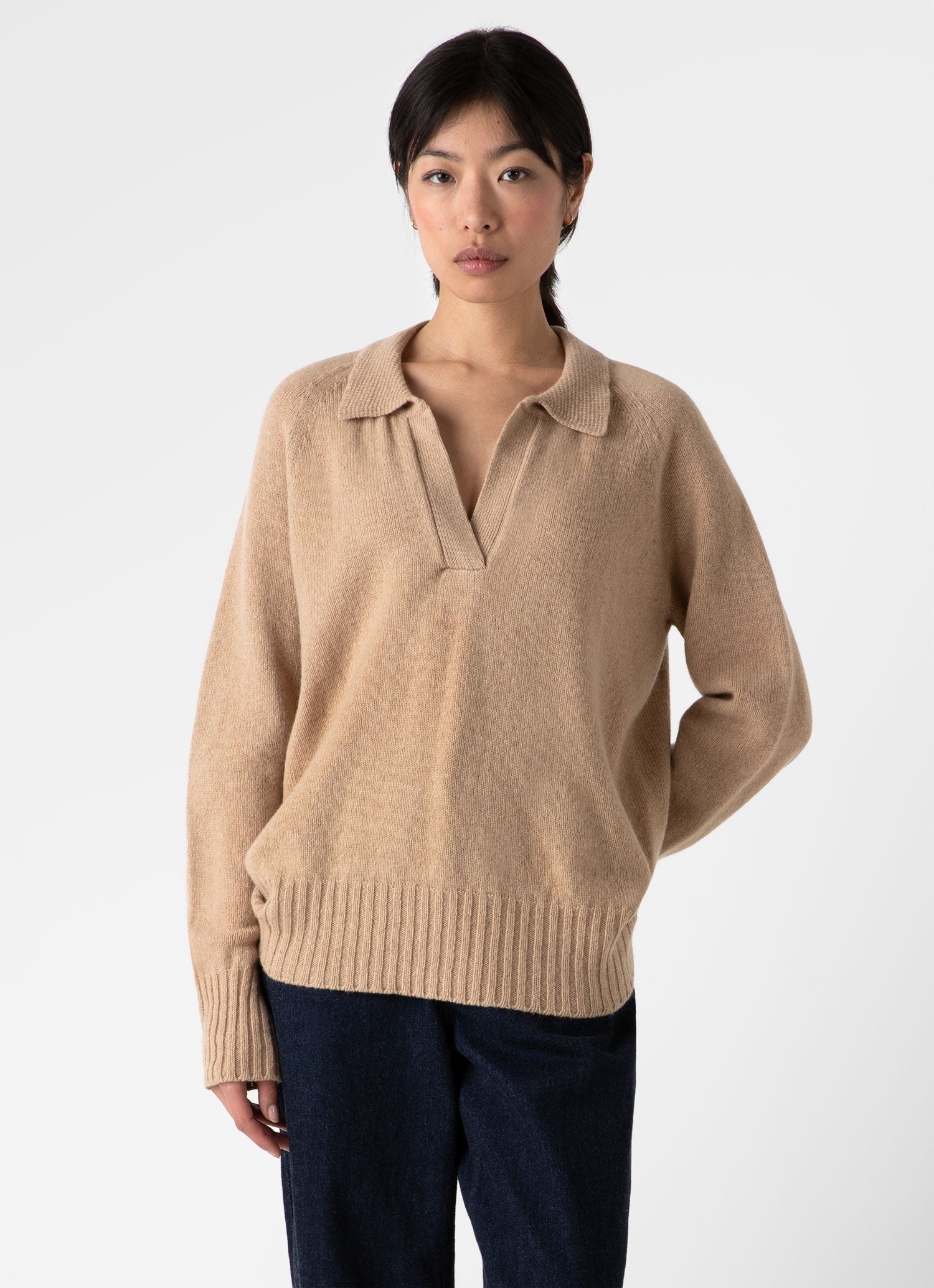 Women's Lambswool Polo Jumper in Light Camel