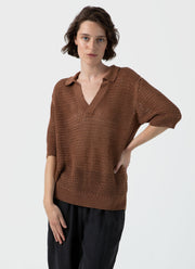 Women's Linen Mesh Polo Shirt in Brown