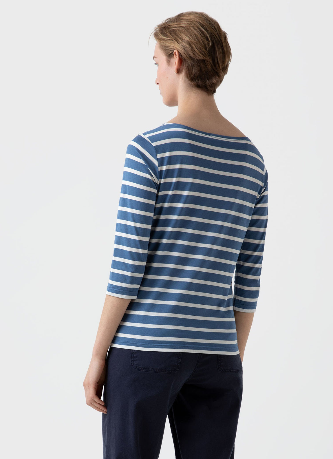 Women's Boat Neck T-shirt in Bluestone/Ecru Breton Stripe